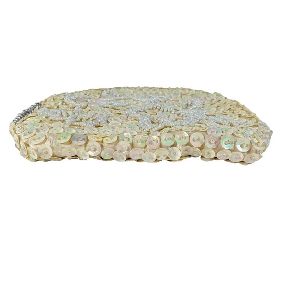 Flapper Beaded Sequined Evening Bag Kiss Clasp VTG Purse Silver Chain Strap - Picture 5 of 12